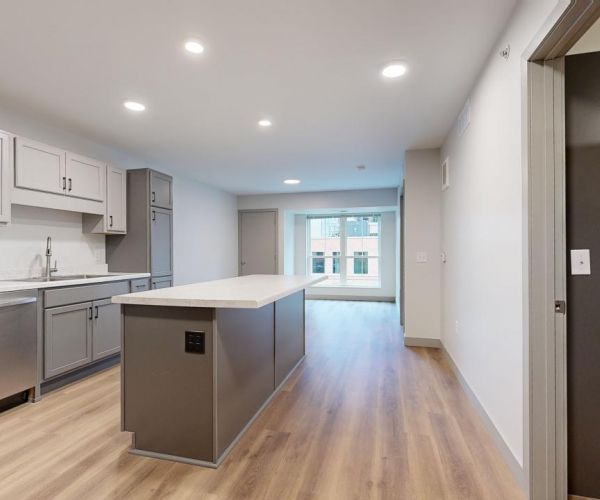 Ladder 260 1 bedroom apartment with large windows, wood-like flooring, and modern kitchen with island