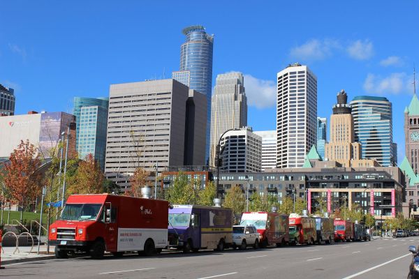 Trucks lining a downtown Minneapolis street