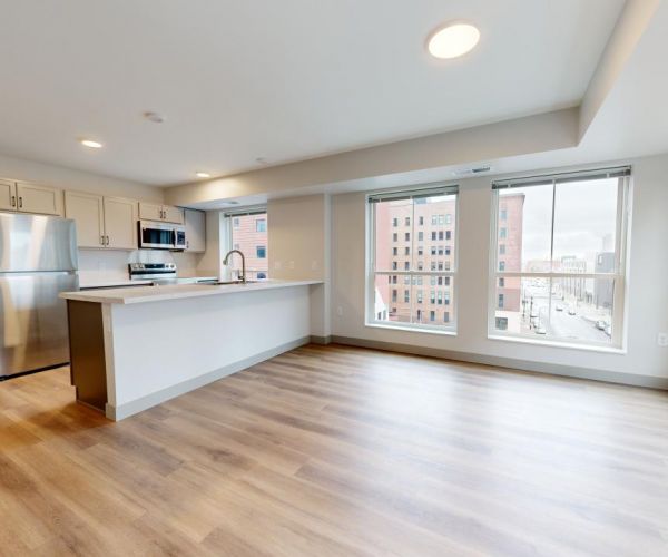 Ladder 260 2 bedroom apartment with large windows, wood-like flooring, and modern kitchen with island