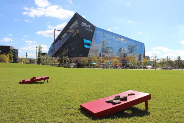 US Bank Stadium with cornhole boards outside in Minneapolis MN